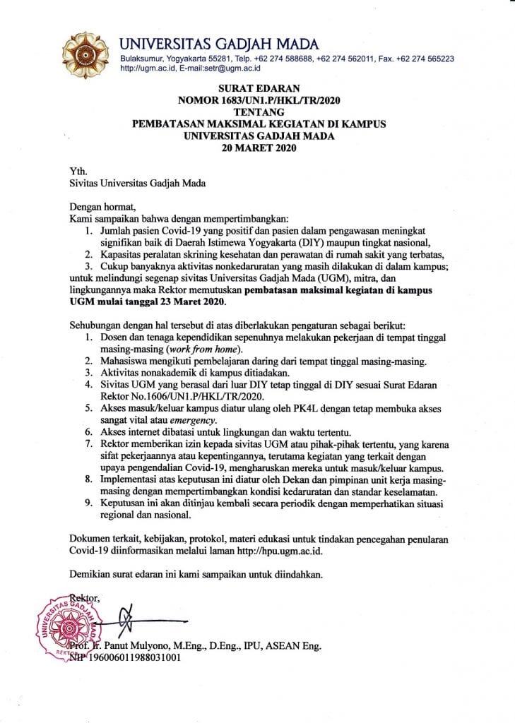 Surat Edaran Rektor Pembatasan Kegiatan Di Kampus Departemen Teknik Mesin Sekolah Vokasi