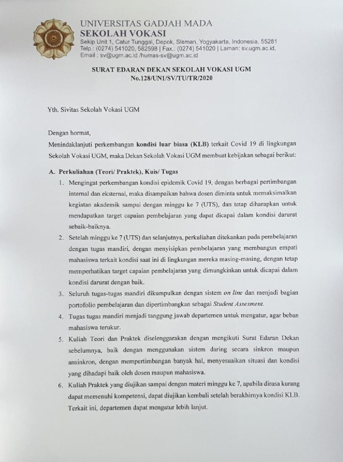 Surat Edarn Dekan Sekolah Vokasi UGM No. 128 - Departemen Teknik Mesin ...